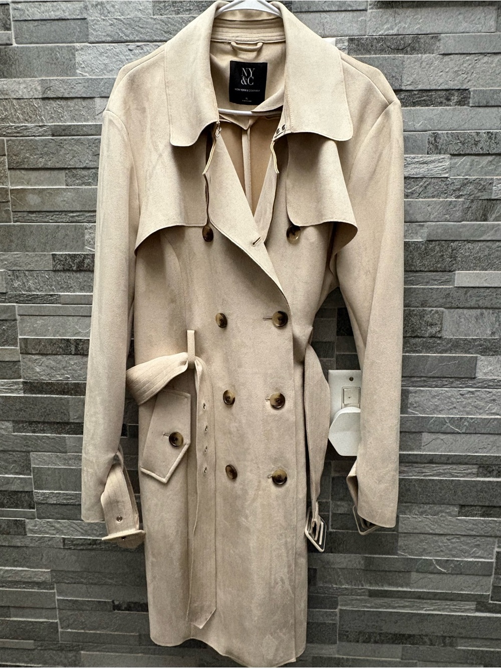 New York & Company Tan Double-Breasted Trench Coat with Waist Tie